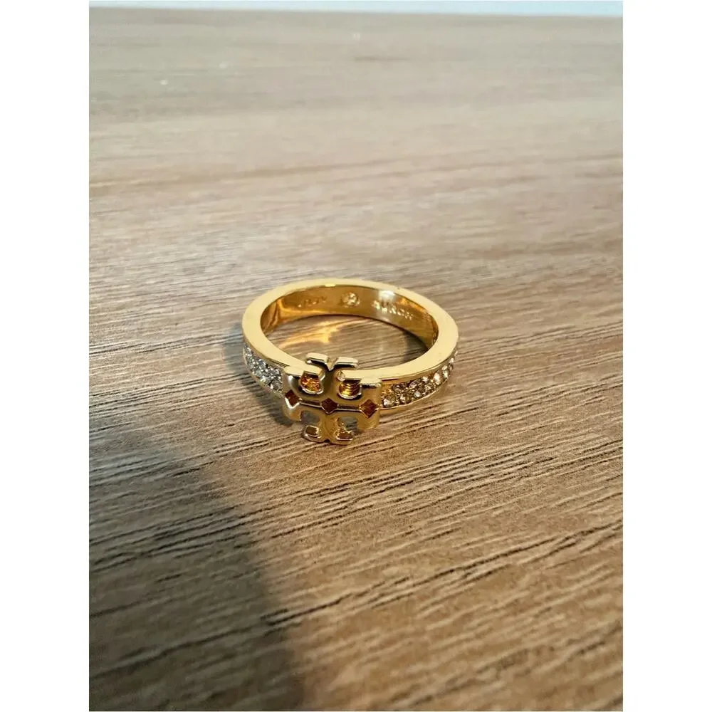 Tory Burch Gold Tone Crystal Miller Logo Ring Size 8 Pavé Rhinestone